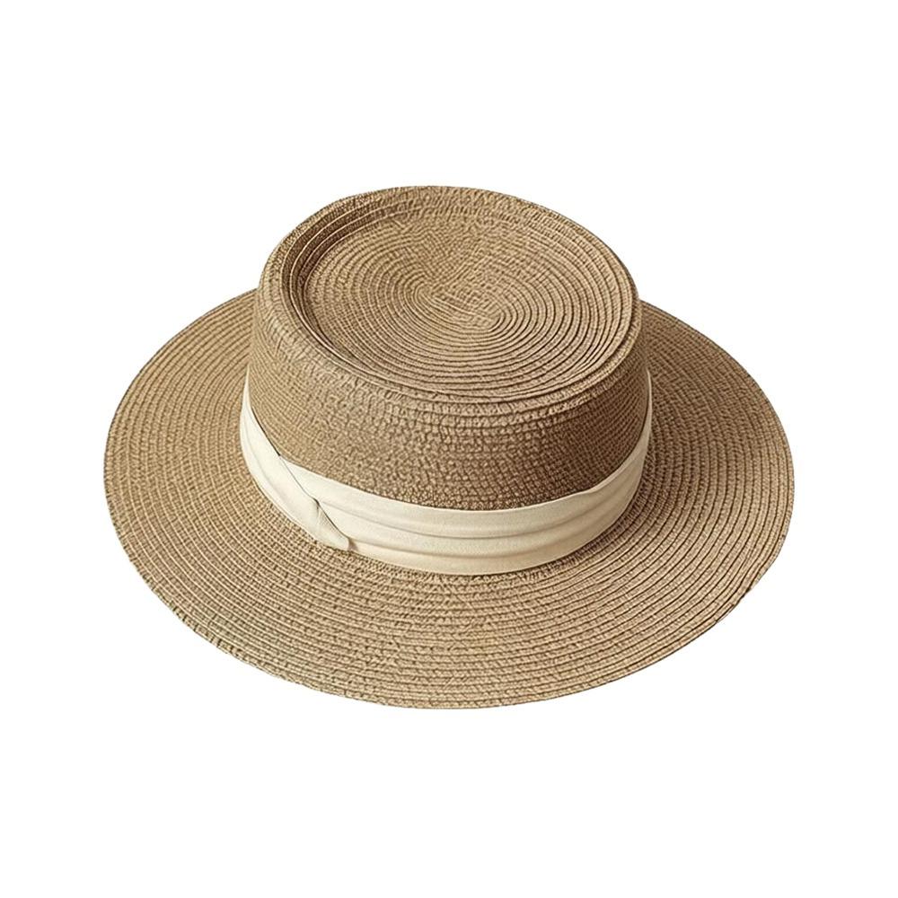 

UV Protection Boater Straw Hat Square Ribbon Holiday Straw Hat French Elegant Sun Hats Khaki-Beige Ribbon