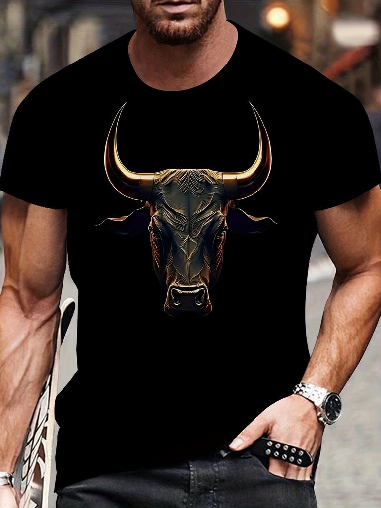 Men'S 3D Print Bull Head Graphic T-Shirt,Round Neck,Short Sleeves,Loose Casual Streetwear,Perfect for Summer.