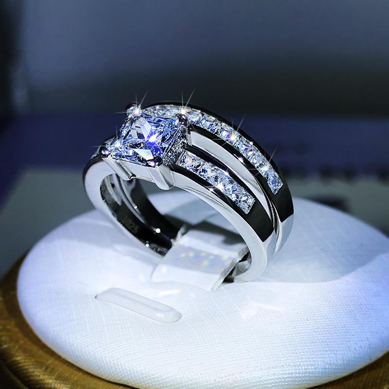 Sterling Silver Double Row Zircon Micro Inlaid Ring Style Wedding Diamond Ring Set Ring Zircon For Couple Ring