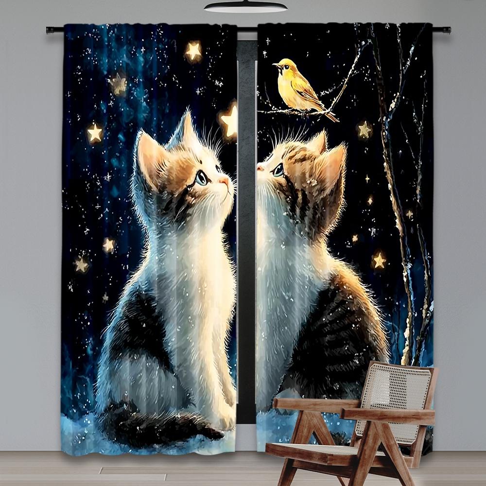 Set Of 2 Flat Printing Window Curtains Starlit Cat Wonder Digital Printed Polyester Drapes Party Decorations Use Home Wall Curtain