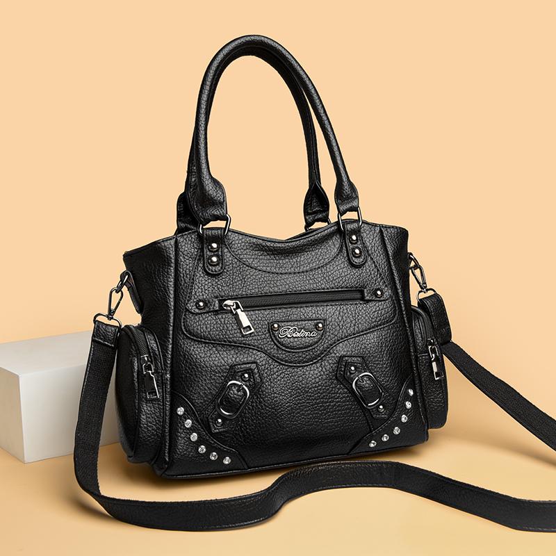 Women Casual Multiple Pockets Tote Bag Lady Large Capacity Shoulder Crossbody Bag for Womens Vintage Soft Leather Travel Bag Sac
