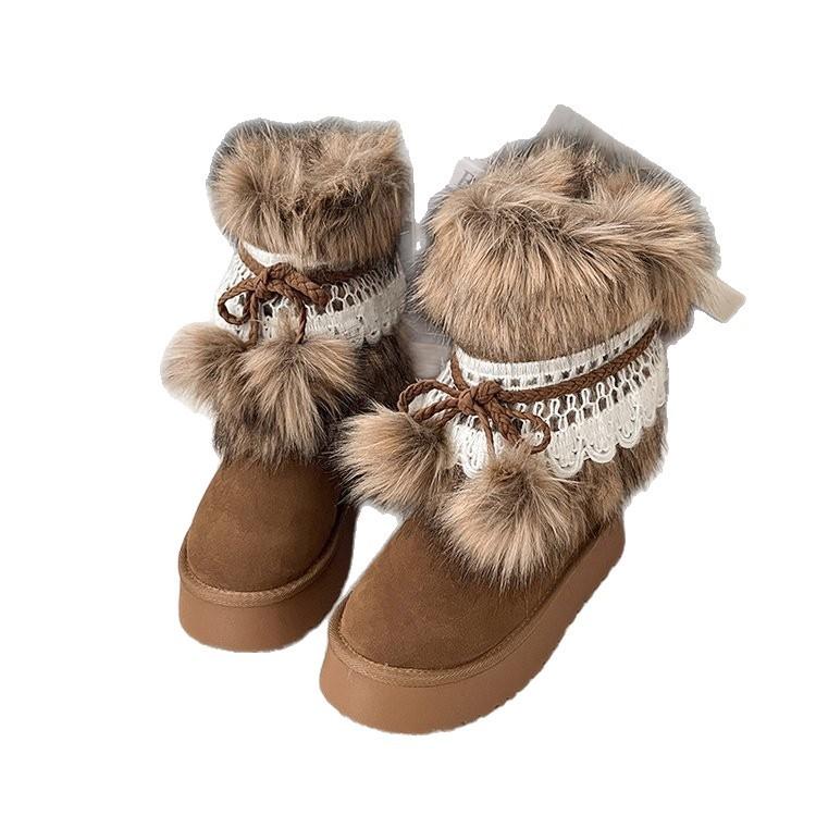 Gray Snow Boots Women's Winter Mid-tube Cotton Boots Thick-soled Cotton Shoes Piled Thickened Fur Boots Integrated Snow Cotton