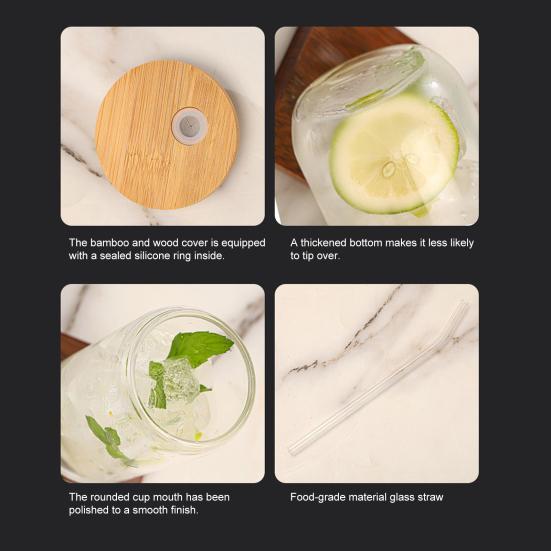 Trendy Mason Jar Tumbler Glass Straw Cup with Wood Lid for Cold Drinks 500ml Borosilicate Cup for Soda & Bubble Tea