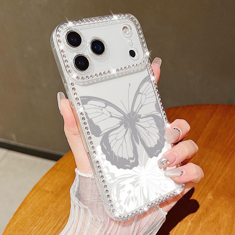 Luxury Bling Diamond TPU Phone Case For iPhone 17 Air 16e 16 14 15 13 17 Pro Max 15 16 Plus 17 Simple Butterfly Print ShockProof Case Cover