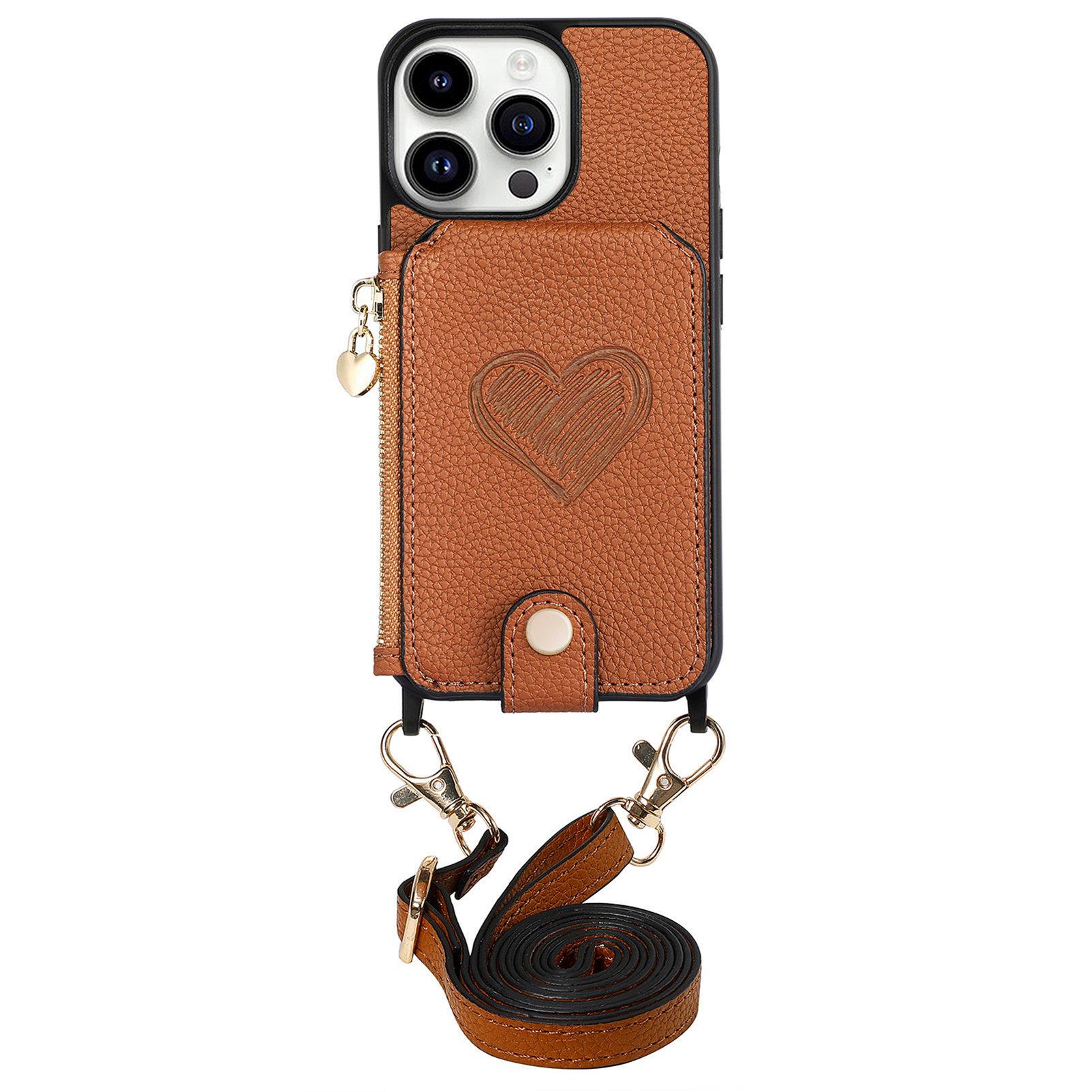 

For iPhone 16 Pro Max Case Card Holder Kickstand Leather Back Cover with Shoulder Strap Brown
