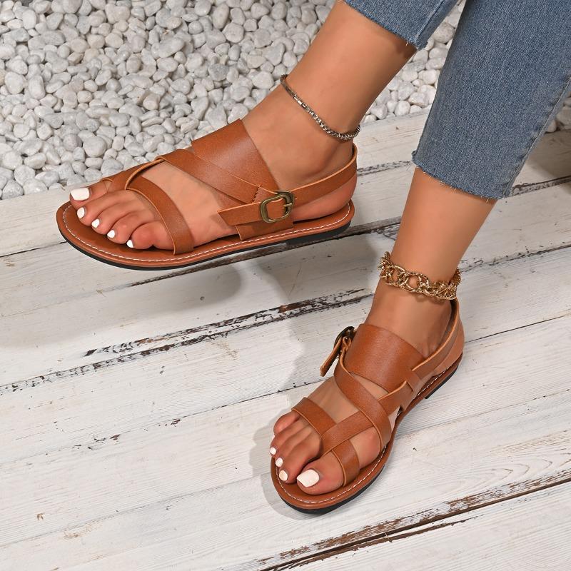 Mode Neuer Stil Damen Sandalen Damen Flache Absätze Zehensteg Lässige Römersandalen Sommer Knöchelriemchen mit Schnalle Weibliche Strandschuhe