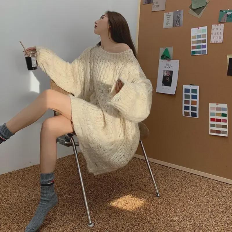 Women's Thick Loose Knit Sweater Coat - Mid-Length, Hollow Design for Autumn/Winter