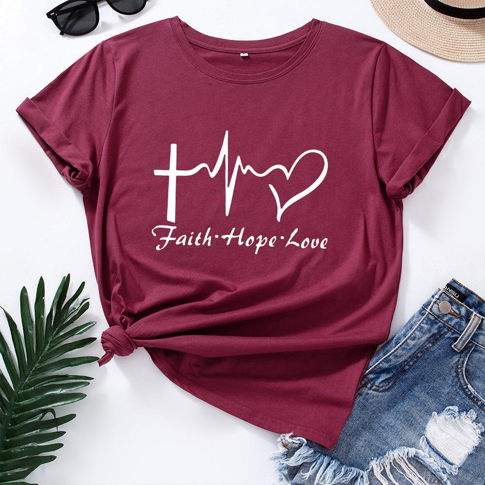 Faith Creative Alphabet Cotton T-Shirt Short Sleeve Round Neck Women 2d Print Tops