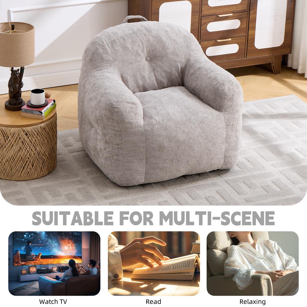 Bean Bag Chair with Shredded Sponge Filler ,Faux Fur Beanbag Sofa with Armrests , for Living Room, Bedroom & Reading,No Assembly Required ,Light Grey