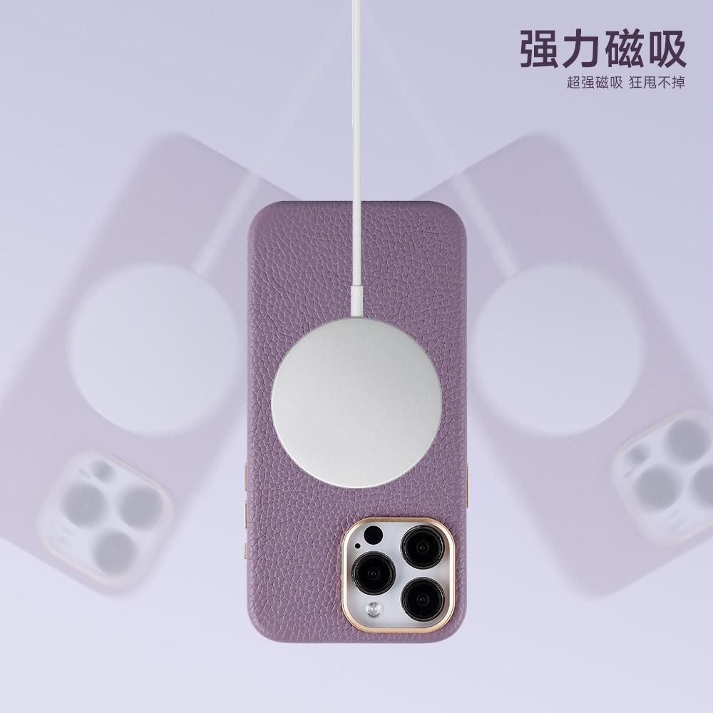All-inclusive first-layer cowhide magnetic mobile phone case, lychee pattern Apple 16 is suitable for iPhone17 genuine leather mobile phone case.