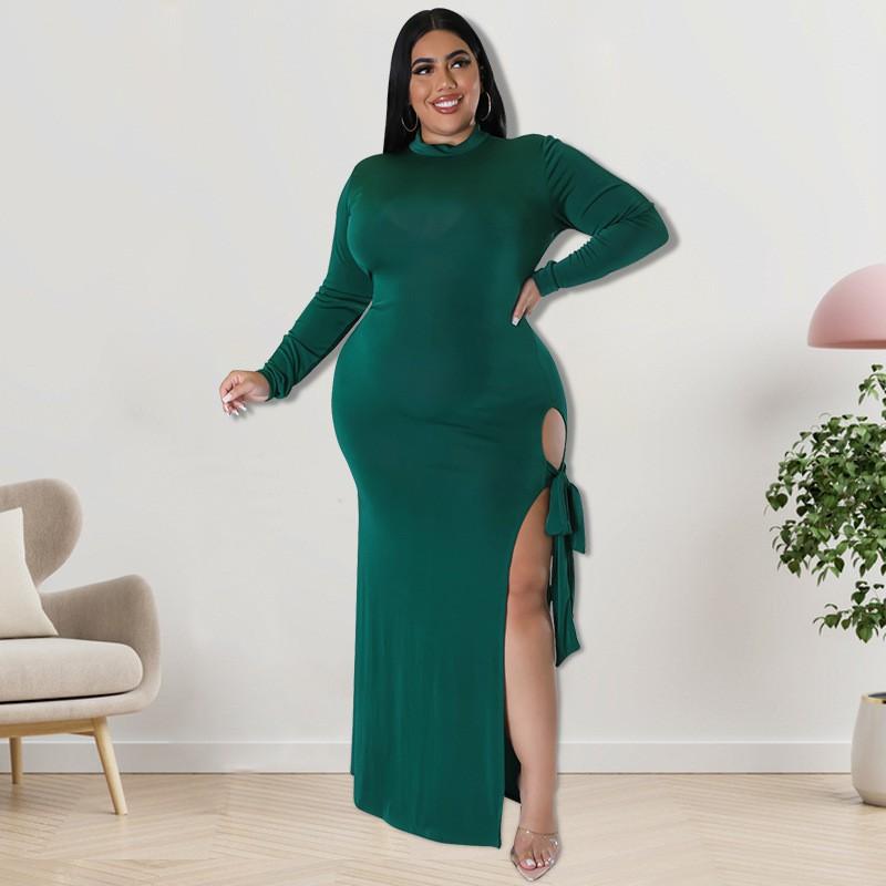 Plus Size Womens Long Sleeve Knit Dress With Zipper Tie Detail Irregular Hem Midi To Maxi In Solid Colors