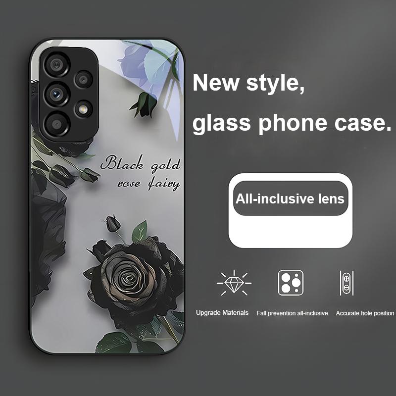 Hot Stamping Rose Black For Samsung Galaxy S24 Plus S20 21 FE S23 Ultra S8 9 A70 72 73 50 51 52 53 Tempered Glass Phone Case
