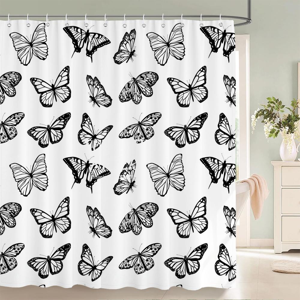 Beautiful Butterfly Shower Curtains Waterproof Fabric Floral Bath Curtains For Bathroom Bathtub Bathing Cover With Hooks
