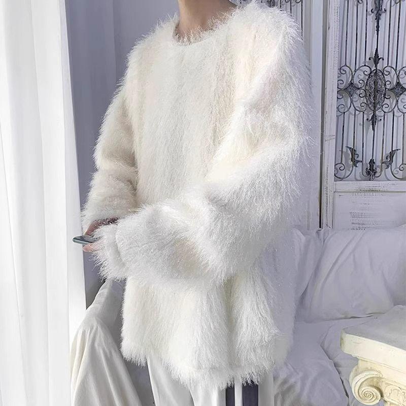 Mohair Plüschpullover Herren Lazy Style High-End Weich Weiß Rundhals Pullover Damen Oberteil