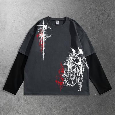 Men's Dark-themed Hip-hop Print Long-sleeve T-shirt with Contrasting Colors—a Trendy, Casual Style Perfect for Everyday Wear