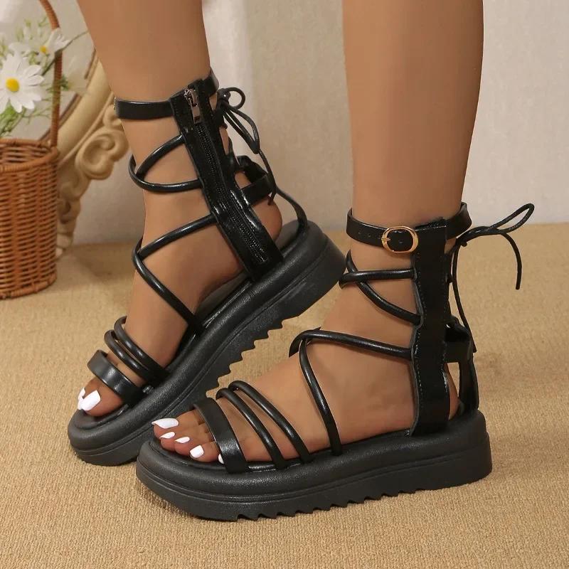 Ladies Shoes 2024 High Quality Buckle Lace Up Women's Sandals Solid Open Toe Platform Water Proof Roman  Beach Sandals Women