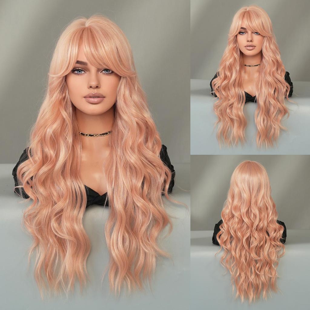 Cocoa Brown Long Curly Hair With Slanted Bangs Big Wavy Wig Women Synthetic High-temperature Silk