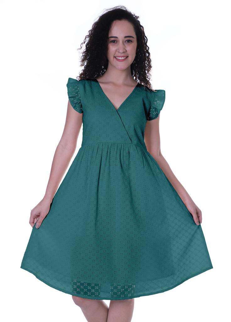 Moomaya Schiffli Dress Frill Sleeve W  V-neck Casual Relaxed Summer Garden
