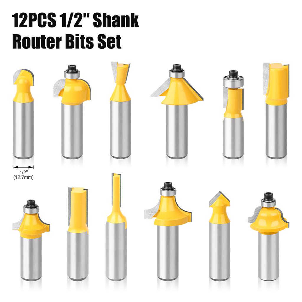 12pcs 6mm 8mm 1/4in 1/2in Shank Router Bits Set Woodworking Milling Cutter Trimming Straight Bits Carbide Engraving Cutting Tool