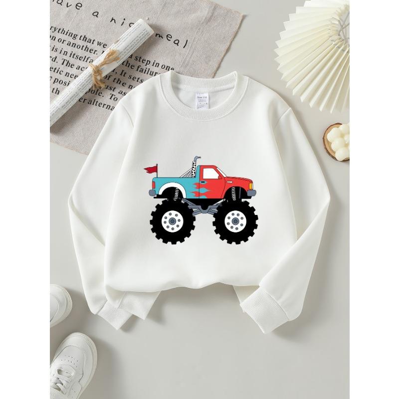 European Sizes Monster Truck Red Blue Flame Girls' Crew Neck Sweatshirt, Western Top, Long Sleeved, Casual for Little Girls.