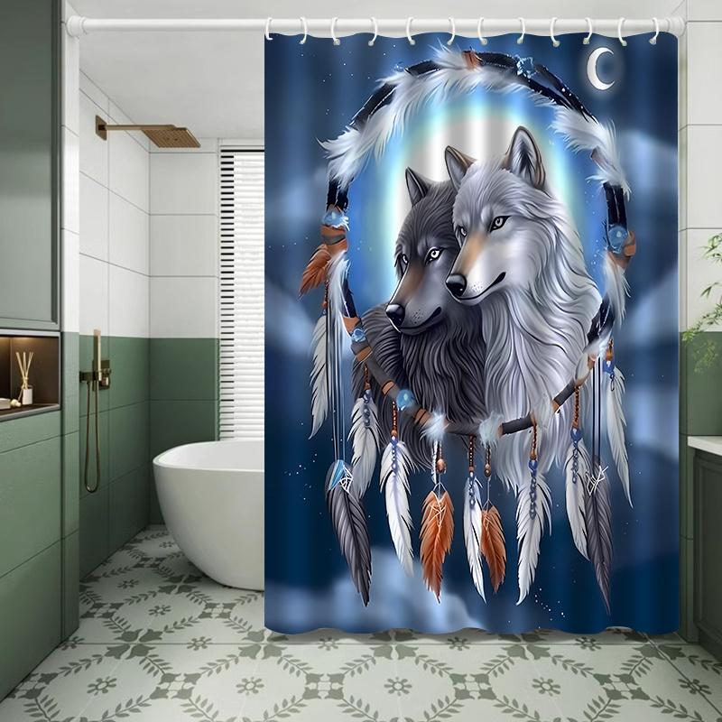 Wolf Traumfänger Duschvorhang Indianische Kunst Feder Design Spirituelle Dekoration Wasserdichtes Gewebe Duschvorhang Set Zuhause