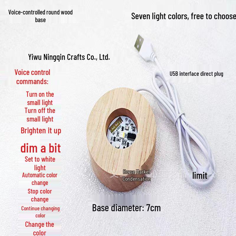 Solid Wood Touch Lamp Base: White/Warm Light 7-Color LED Night Light Display Pad