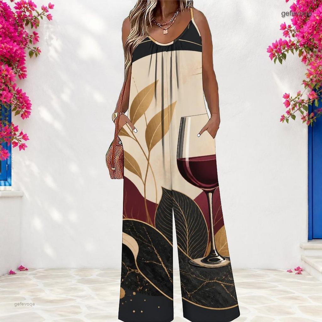 Damen Spaghettiträger Jumpsuit Moderner Abstraktes Herz Punkt Streifen Print Weite Hosen Mit Taschen