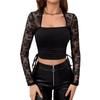 Autumn and Winter Elegant Women's Square Neck Lace Splicing Slim Side Drawstring Knitwear