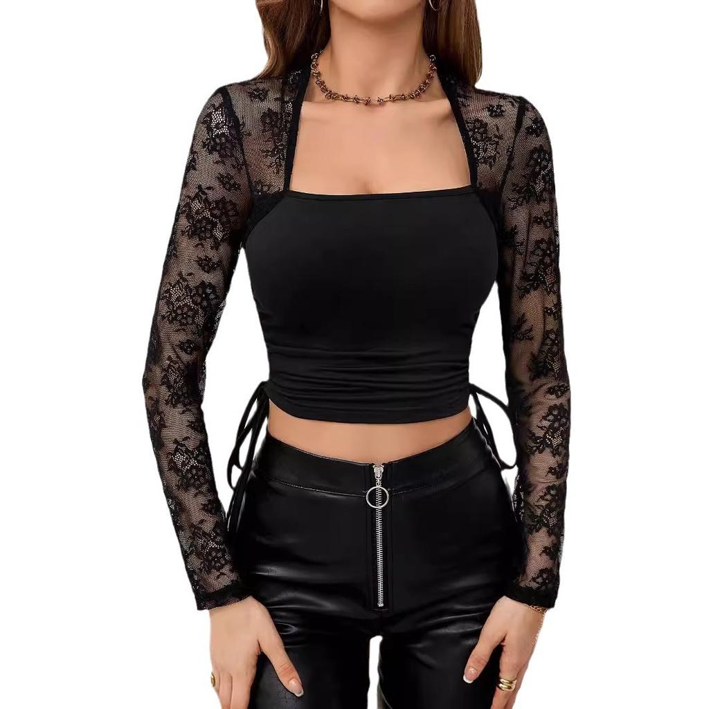 Herbst und Winter Elegante Damen Strickwaren mit quadratischem Ausschnitt und Spitze