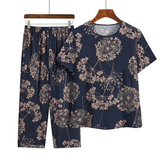 2Pcs/Set Women Pajamas Set Floral Print Short Sleeve Elastic Waist Wide Leg Pleated Trousers T-shirt Pants Set Mid-aged Grandmother Homewear Set