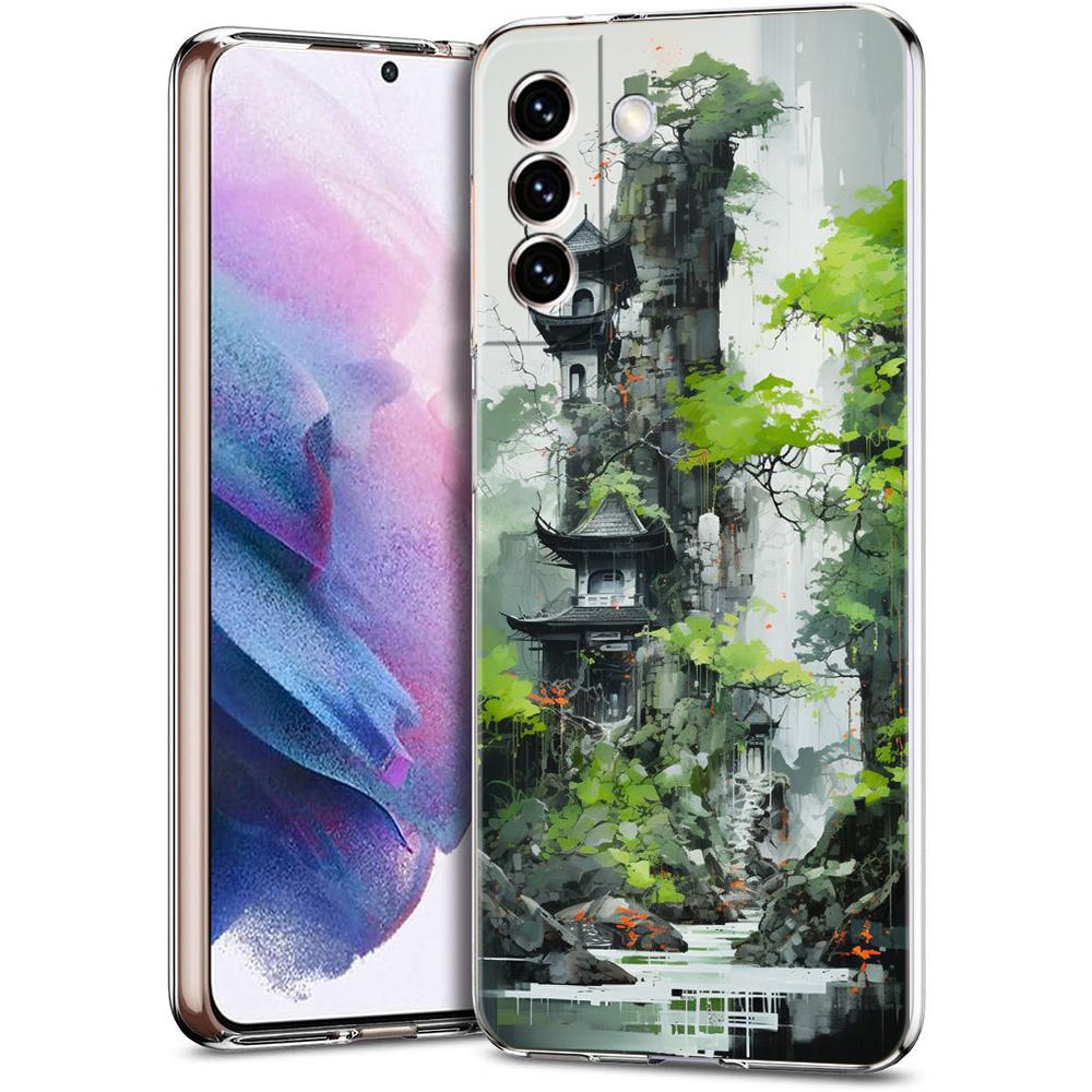 Phone Case For Samsung Galaxy S24 Ultra S23 FE S22 S20 S21 5G S10 S9 Plus S10E S8 Clear Ink and wash landscape painting Cover