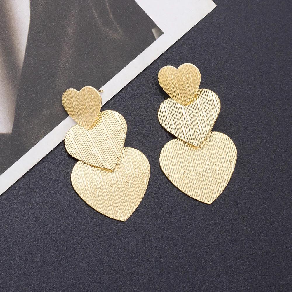 Stripe Metal Dangle Gold Color Heart Earrings For Women Vintage Elegant Piercing Stud Women's Valentine's Day Gift Girls Jewelry