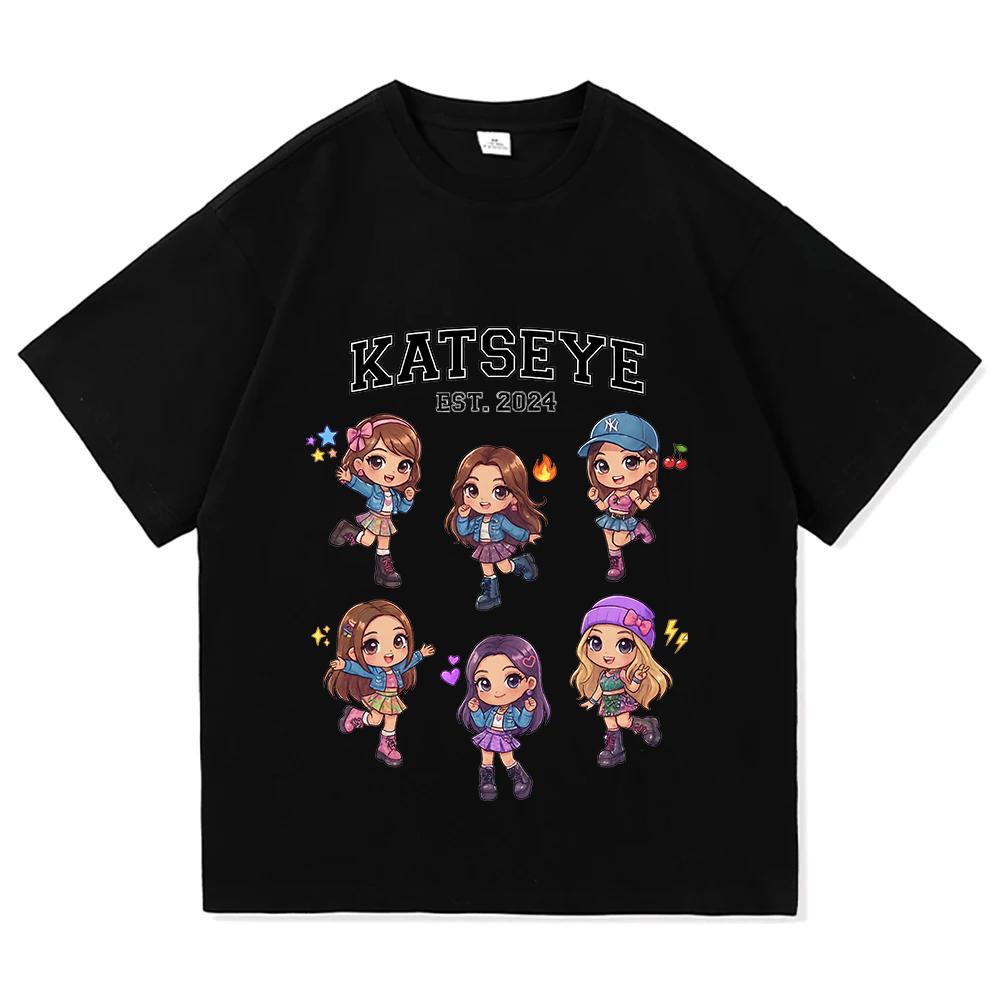 Korean Girls Band KATSEYE Print T-shirt Cotton Short Sleeve Loose Female Tshirts Unisex Streetwear Casual Women Men T Shirt Tees