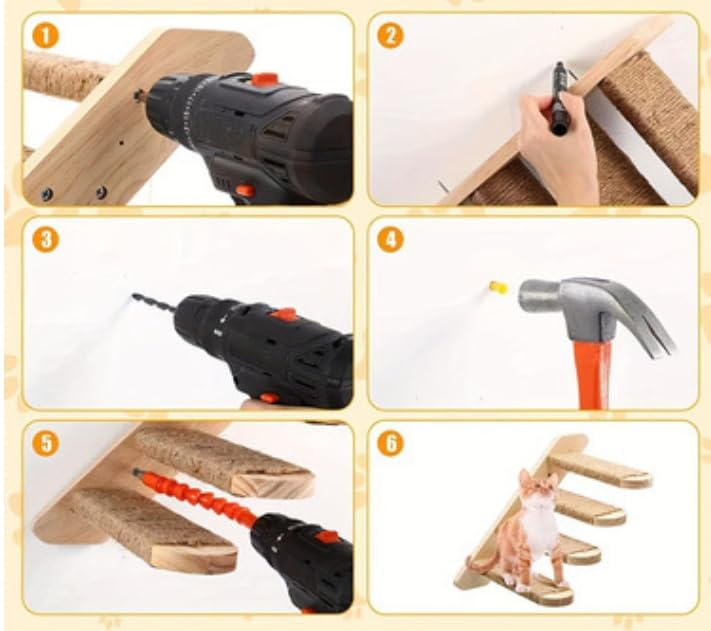 Scări de perete pentru pisici, Lemn de cauciuc cu frânghie de cânepă și suport antiderapant, Instalare ușoară, Zonă de joacă pentru pisici, Produs original, Economie de spațiu, Pasarelă pentru pisici