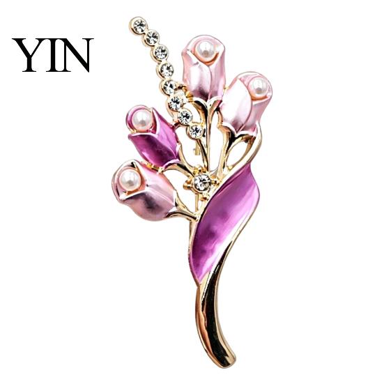 Elegant Alloy Jewelry Faux Pearl Tulip Brooch for Women, Bling Rhinestone Flower Decorative Shirt Brooches Lapel Pin, Dainty Clothing Wedding