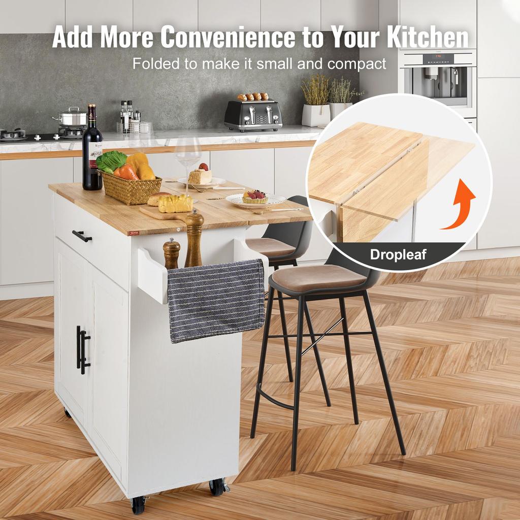 VEVOR Kitchen Island Cart with Solid Wood Top, 90 cm Width Mobile Carts with Storage Cabinet, Rolling Kitchen Table with Spice Rack, Towel Rack