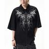 Gothic Tribal Wing Print Zip-Up Short Sleeve Shirt