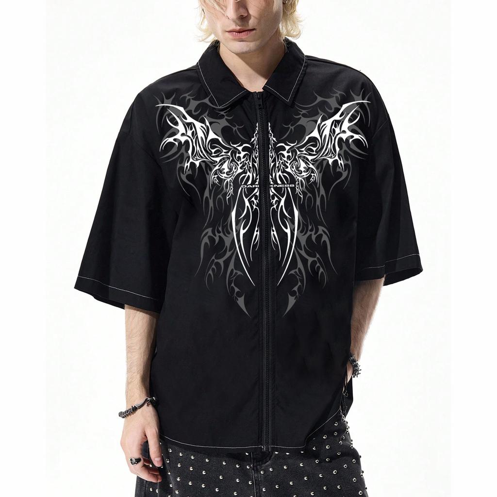 Gothic Tribal Wing Print Zip-Up Short Sleeve Shirt