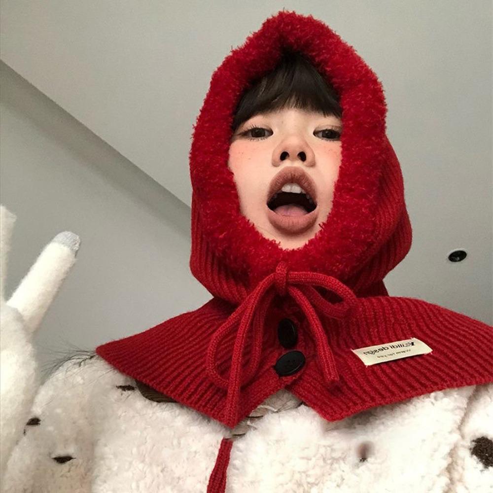 New Balaclava Hat Neck Protection Windproof Knitted Hat Button Design Warm Lace-up Hat Autumn Winter