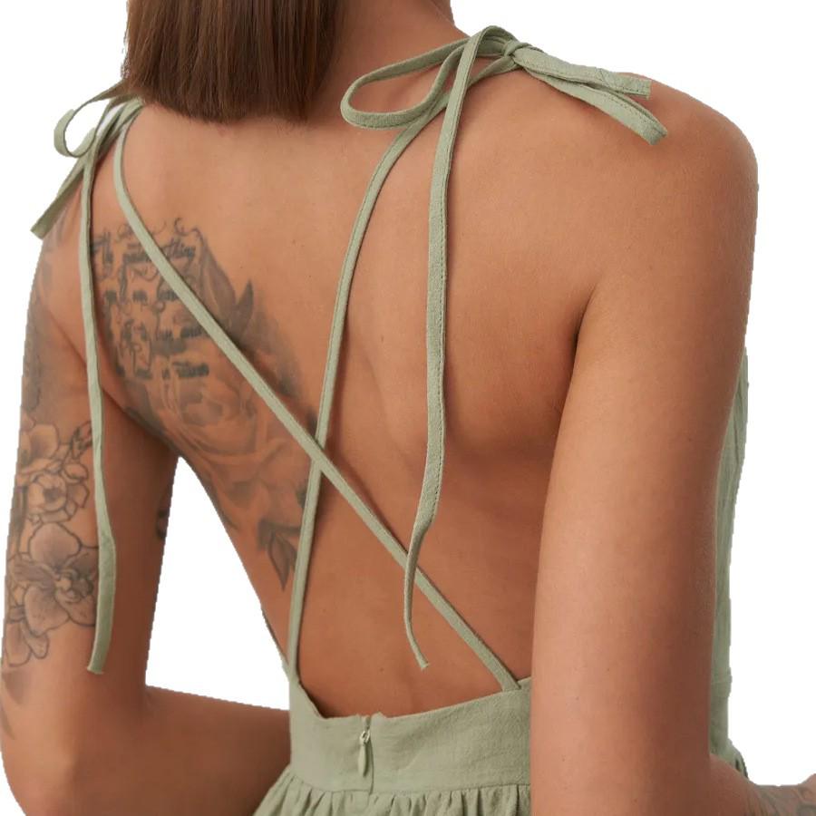 2025 Elegant Women's V-neck Backless Spaghetti Strap Dress with Lace-up Detailing.