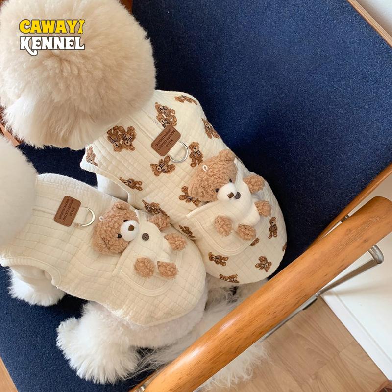 

CAWAYI KENNEL зимняя теплая хлопковая одежда для собак с карманом, куртка с маленьким медвежонком, жилет на груди, на спине, для собак, кошек, теплый принт с медвежонком, без рукавов