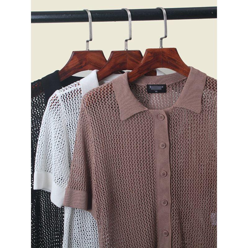French Entry Lux Sense Polo Collar Short Sleeve Knitwear Summer Thin Hollow Sexy Single Breasted Tops
