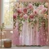 Rose Floral Pink Curtain Shower Curtain,Flowers Bathroom Decorative Shower Curtain, Printed Polyester Curtain with Hooks