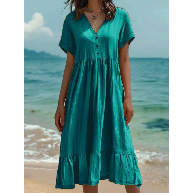 VEZFAA Damenmode Sommer Frühling Einfarbiger Druck Kurzarm V-Ausschnitt Lockere Taille Lässige Kleider