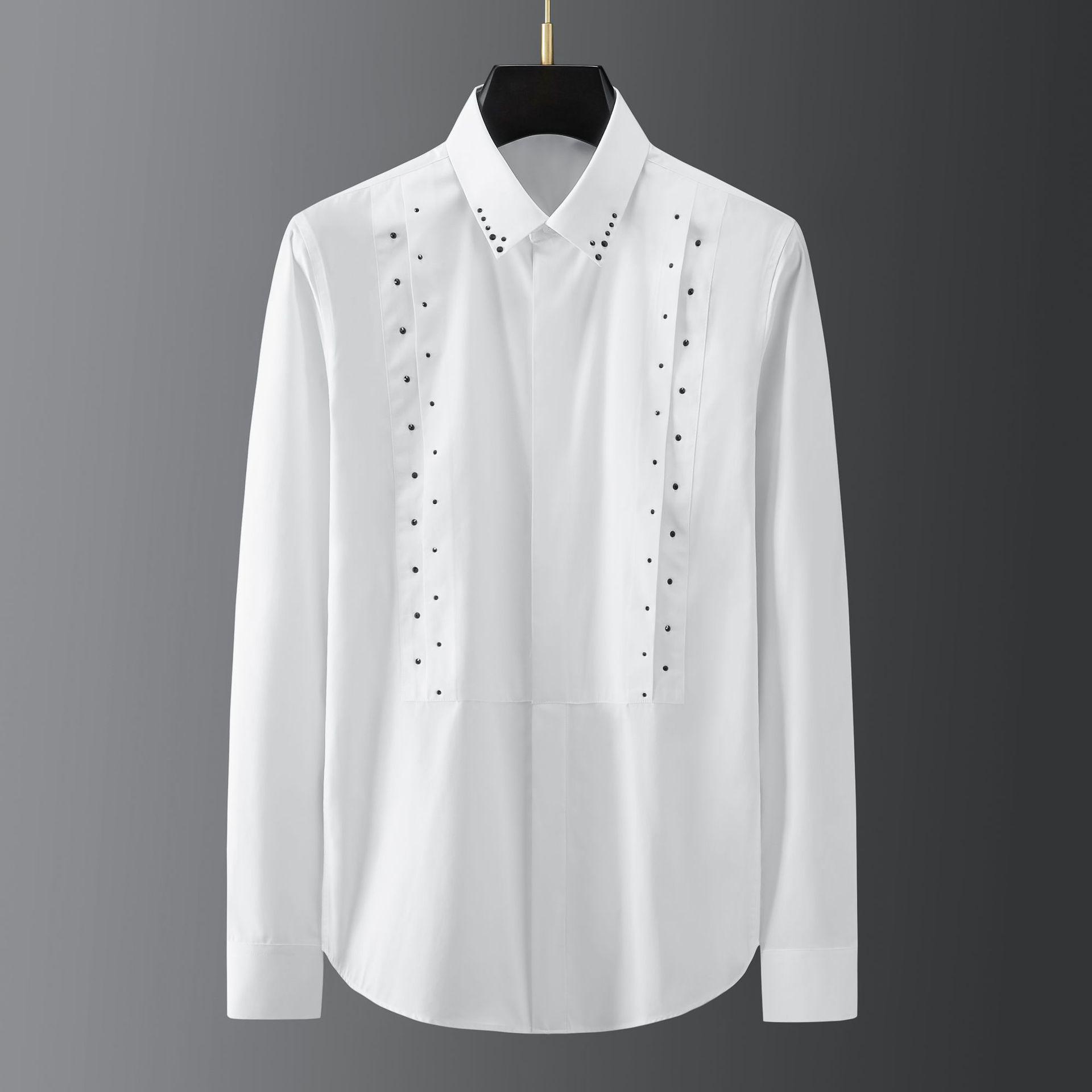 

Men s Slim Fit Patchwork Rhinestone Shirt - Long Sleeve, Casual White XXXL