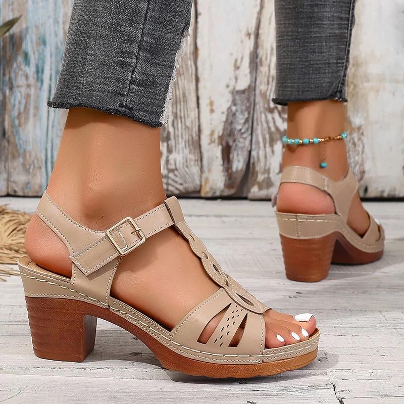 Chunky Heel Platform Roman Sandals for Women Lightweight Buckle Strap Casual Sandals Woman Summer Comfort Block Heeled Sandalias