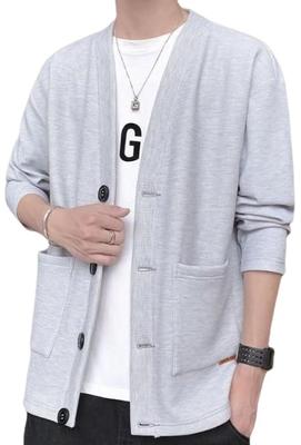 Emptio Simple Long Sleeve Korean Office Slim Half Washable Moe Waffle Light Gray Men's Cardigan, Washable, Warm, Knit, Oversized, Stylish, Wear, Fit,