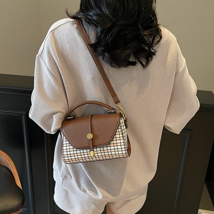Plaid Splicing Flip Small Square Bag Women's Portable Messenger Bag