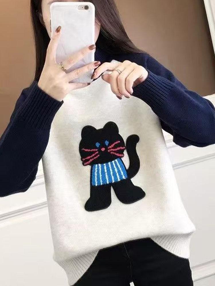 Round Neck Wool Knit Sweater - 2025 Autumn/Winter Fashion, Age-Reducing Cartoon Cat Design, Loose-Fit Top for Women.