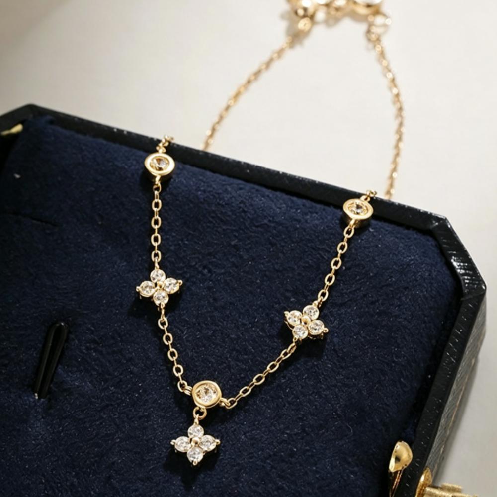 S925 Silver Plated Four Leaf Clover Zircon Anklet for Women Fashion Simple Adjustable Ankle Chain Summer Vacation Jewelry Gift